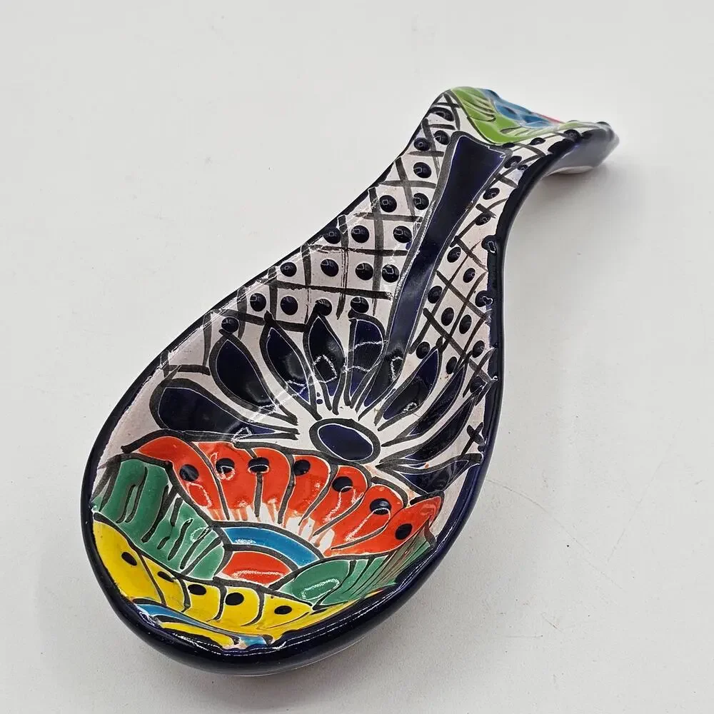 Vintage Mexico Hand Crafted Spoon Rest - Ceramic Hand Painted Geometric Design